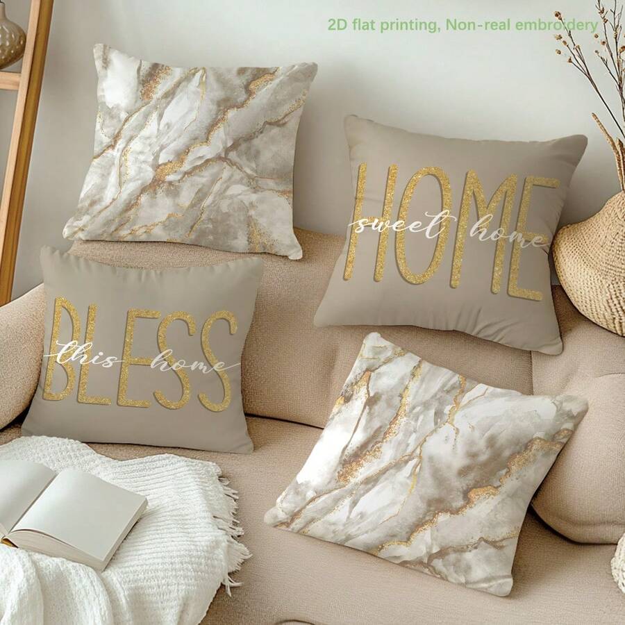 MEMNUN 4件套现代简约米色大理石纹理“家，甜蜜的家”和“祝福这个家”励志语录印花抱枕套，涤纶面料，单面印花，尺寸分别为17.7*17.7英寸（45*45厘米）、19.69*19.69英寸（50*50厘米）和15.75*15.75英寸（40*40厘米），适合家居装饰、客厅沙发抱枕，四季皆宜，礼品之选。 - 彩色 - 查看 1