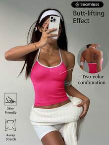 Women's Racerback Sports Tank Top, Fashionable Solid Color Workout Vest Suitable For Yoga, Fitness And Running - Hot Pink - View 1