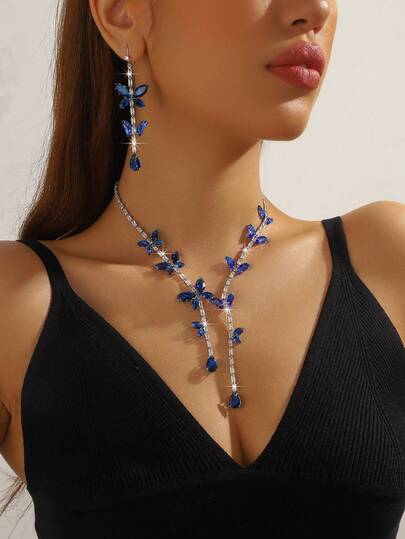 3pcs Luxury Zirconia Butterfly Necklace & Earrings Jewelry Set, Elegant For Wedding, Party, Daily Commute