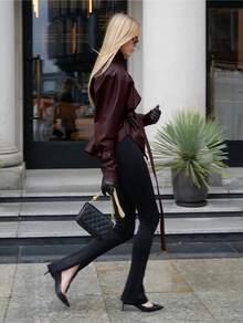 New Spring/Autumn Retro Motorcycle Style Stand Collar Leather Jacket, Fashionable And  Mid-Length Lace-Up Coat - Màu Đỏ Sâu - Xem 8