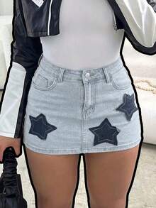 Minifalda de mezclilla recta y elegante para mujer con parches de estrellas, de tela elástica media, casual de verano - Azul - Ver 1