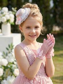 2件套薄纱蝴蝶结头饰+蝴蝶结手套，粉色薄纱迷你帽，婚礼摄影道具，婚礼装饰，派对拍照道具，婚礼配饰，花环，腕花，亲子套装 - 粉色 - 查看 2