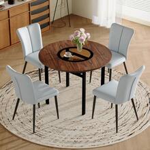 Modern Minimalist Rundes Esstisch-Set (Mit 4 Hellgrauen PU-Stühlen), Runder Tisch Mit Durchmesser In Holzoptik, Geeignet Für Esszimmer Und Küche. - Brown+Black + Light Gray + Glass+Metal + PU Leather + Seats 4 - View 3