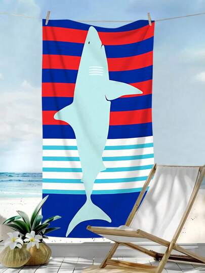 1pc Striped Shark Pattern Beach Towel, Ultra-Fine Fiber Quick Drying Absorbent Large Beach Towel, Bath Towel, Fashionable Style Beach Towel, Bathroom, Swimming, Fitness, Yoga, Camping, Soft And Comfortable Ultra-Fine Fiber Towel, Lightweight And Portable, Windproof And Sun Protection, Summer Travel Sand Prevention, Vacation Bathroom Beach Decoration, Beach Vacation Essential Gift Shawl Beach Towel (Single-Sided Printing)