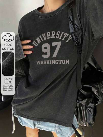 女士休闲复古水洗字母印花圆领长袖宽松套头T恤，适合春秋季穿着。