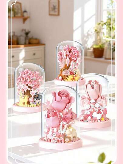 玫瑰花许愿瓶积木，组装日记本，带防尘盖，拼装积木，装饰积木，减压积木，适合桌面装饰，情人节礼物，生日礼物