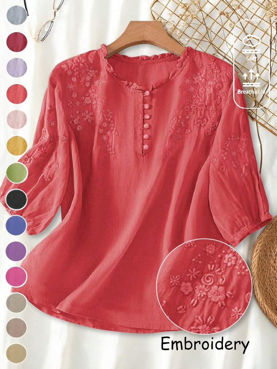 Women's Spring/Summer Viscose Embroidery Lightweight Loose Retro Mid-Sleeve Blouse - Đỏ - Xem 1