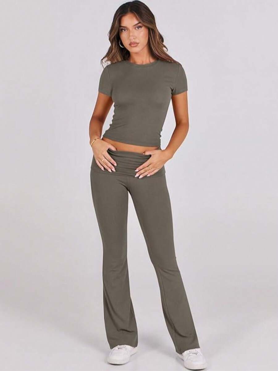 Lounge Sets For Women 2 Piece Foldover Yoga Flare Leggings Pants Crop Tops Casual Y2K Outfits Matching Tracksuit Set - Gray - 查看 1