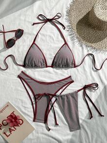 3pcs/Set Striped Sexy Elegant Tie-Front Backless Beach Dress, Summer - Multicolor - View 1