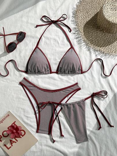 3pcs/Set Striped Sexy Elegant Tie-Front Backless Beach Dress, Summer