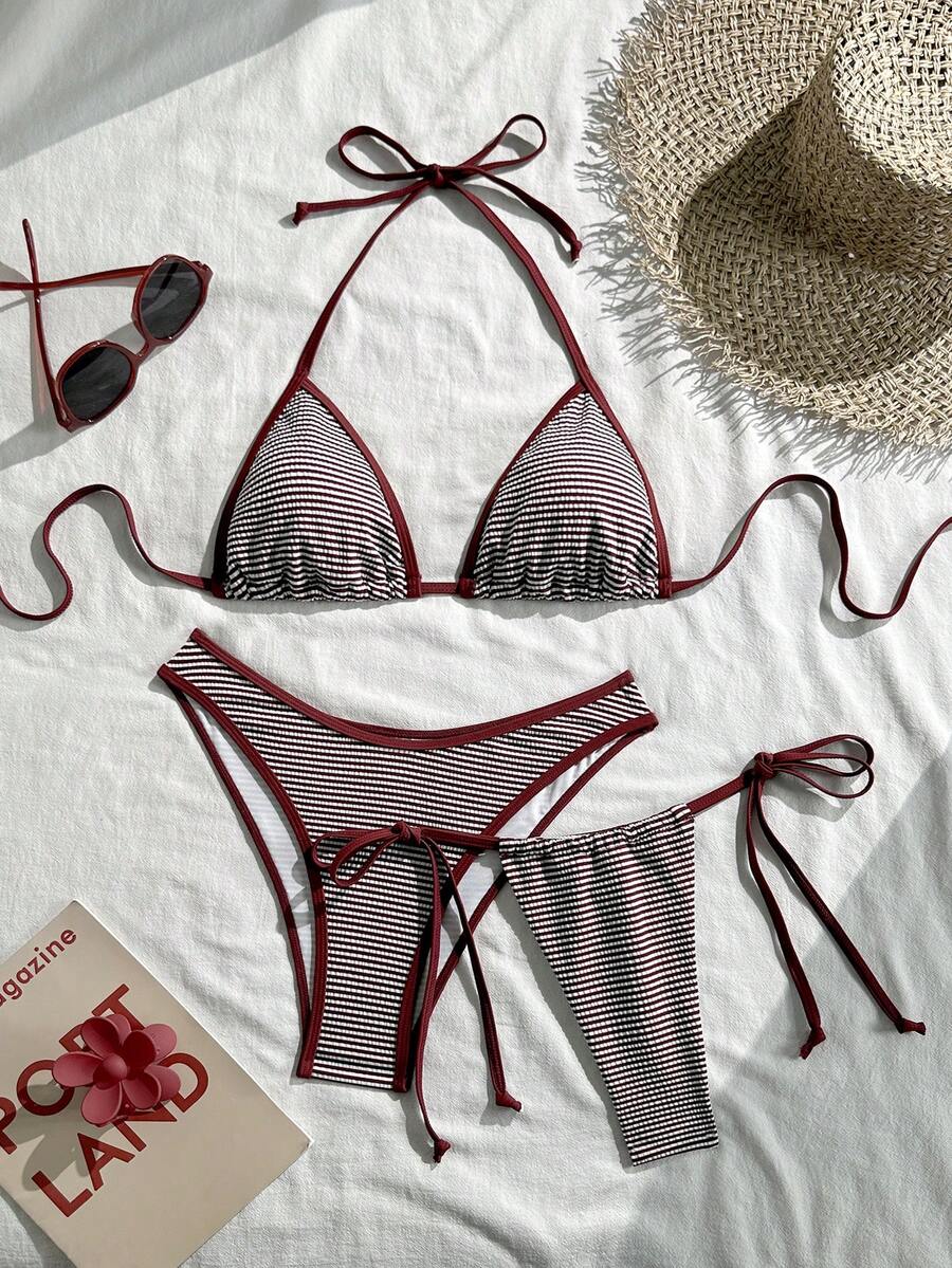 3pcs/Set Striped Sexy Elegant Tie-Front Backless Beach Dress, Summer - Multicolor - View 1