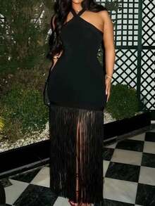 Đầm hai dây gợi cảm cho nữ, kiểu dáng xòe, có tua rua, thích hợp cho tiệc tùng, du lịch/kỳ nghỉ/đi biển, tiệc sinh nhật, kỷ niệm, dạ hội trang trọng. - màu đen - Xem 2