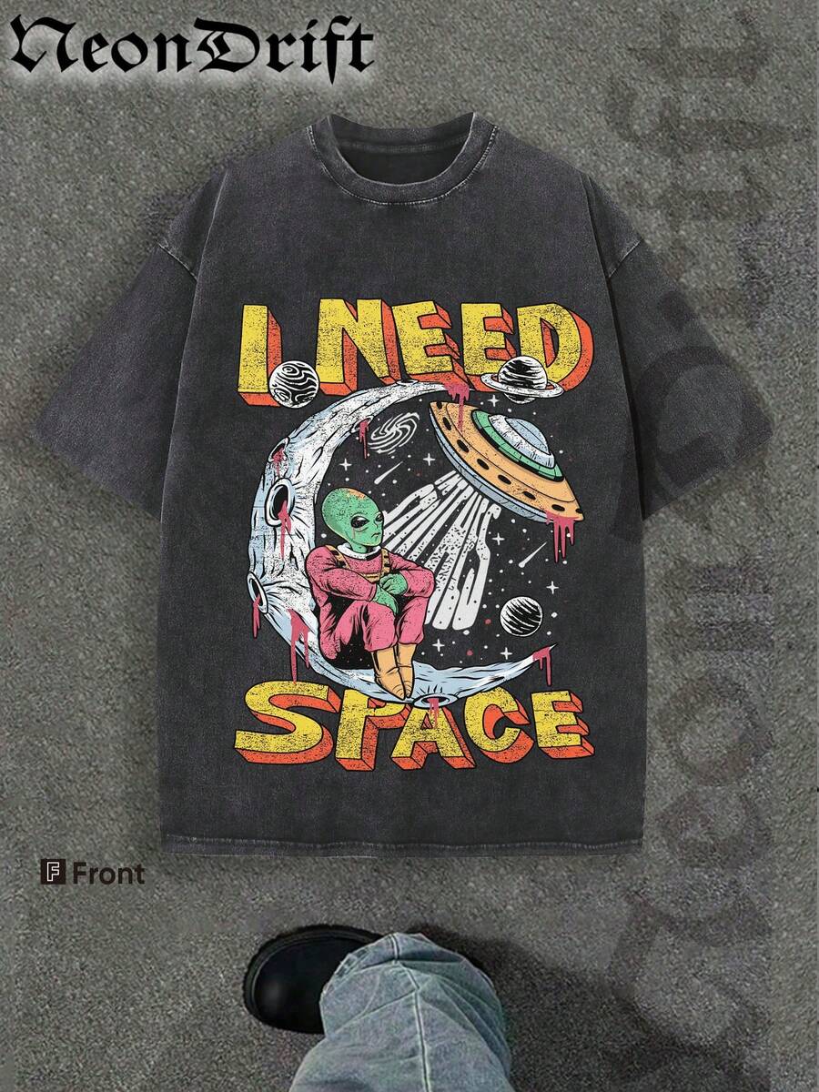 NeonDrift Halloween, Christmas, Thanksgiving Gifts-Alien UFO Graphic T-Shirt: Bold Cosmic Design For Sci-Fi Enthusiasts - Perfect For Festival Wear And Outfits - 黑色 - 查看 1