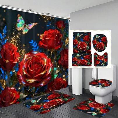 1pc/3pcs/4pcs Red Rose & Butterfly Multifunctional Bathroom Decor Shower Curtain Set, Free 12 Hooks Included, Elegant Holiday Atmosphere, Bathroom Mat, U-Shaped Floor Mat And Round Toilet Mat, Suitable For All Scenarios