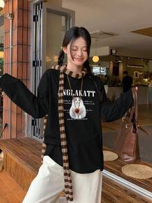 Black Cat Letter Print T-Shirt, Casual American Style Versatile Women Top, Autumn - Black - View 3