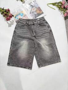 经典休闲女式牛仔七分阔腿裤，拉链闭合，无弹力 - 灰色 - 查看 6