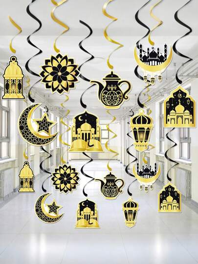 16pcs-Ramadan Mubarak Decorations, Eid Mubarak Hanging Swirl Shining Gold Star Moon Lantern Ceiling Foil Decor For Eid Al-Fitr Party Egyptian Holiday Supplies,Ramadan Decorations Eid Kareem Muslim Banner Hanging Swirls Garland Decor Party Supplies Ramadan Decorations For Home,Eid Decorations,Eid Mubarak Decorations