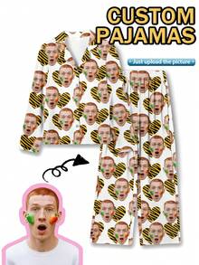 定制款女士趣味脸部及宠物印花睡衣套装，舒适居家服，营造节日氛围，是送给朋友的理想礼物 - 白色 - 查看 1