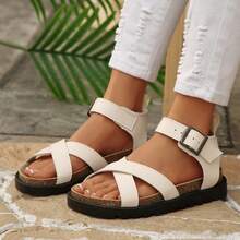 女士时尚厚底坡跟平底搭扣镂空交叉运动凉鞋 - 白色 - 查看 2