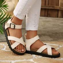 女士时尚厚底坡跟平底搭扣镂空交叉运动凉鞋 - 白色 - 查看 4