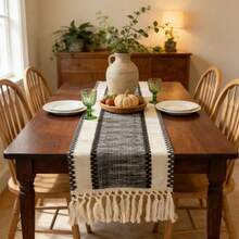 Black Striped Table Runner, Dual-Color Woven Tassel Table Runner, Rustic Style Woven, Suitable For Home And Dining Table Decor - Multicolor - View 2