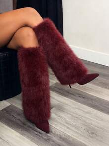 Women's Fluffy Fur Pointed Toe Stiletto Heels Knee High Boots Holiday Vacay Vibe For Elegant Fashionable Boots Spring Summer Party Evening Gala - 酒紅色絨面革 - 查看 5