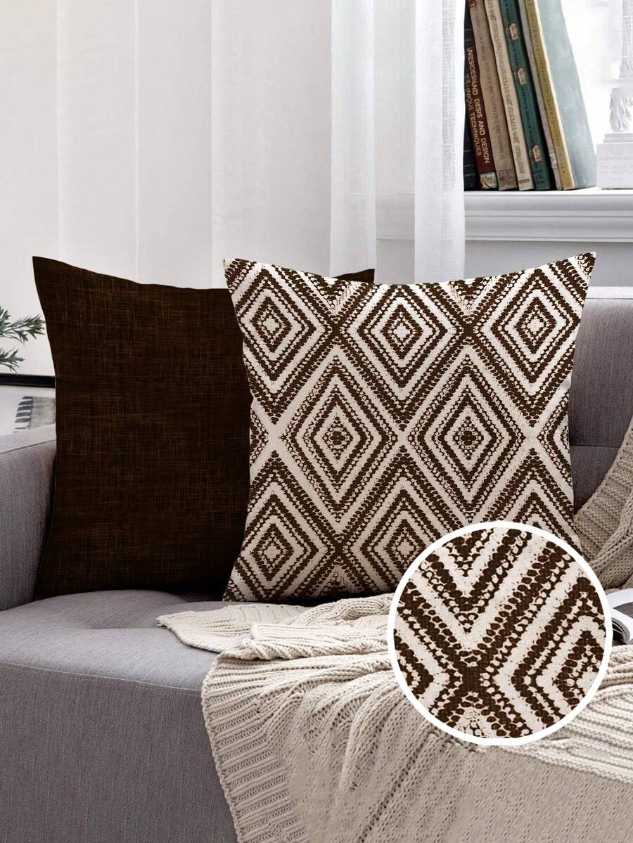2 pezzi Federe decorative per cuscini, federe per cuscini con motivo geometrico, 100% in fibra di poliestere ipoallergenica, materiale in lino vintage, chiusura con cerniera nascosta, lavabili in lavatrice, motivo lineare minimalista e alla moda, federe per cuscini decorativi per casa, divano, soggiorno, camera da letto, senza inserto per cuscino - Marrone cioccolato fondente - Visualizzare 1