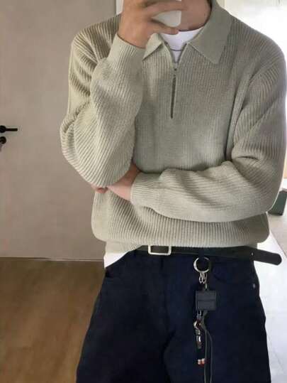 Men's Casual Zip-Up Knitted Sweater With Collar, Versatile For Autumn/Winter