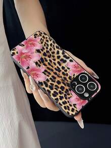 Retro Y2K Leopard Print Pink Lily Phone Case Premium Faux Leather Shockproof Cover For IPhone 16/15/14 Series - Black - View 5