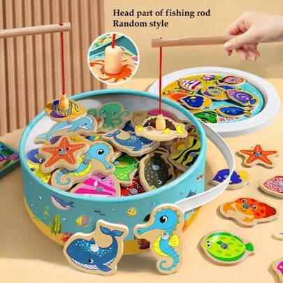 1 Set Wooden Letter Fishing Toy - Educational Cartoon Ocean Life Theme Game, Cultivate Cognitive Skills, Interactive Parent-Child Game, Suitable For Christmas, Thanksgiving, Easter Birthday Gifts, Random Fish Patterns