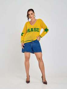 Brazil Supporters' Knit Crochet Blouse, Long Sleeve, Brazilcore, V-Neck, Carnival Selection, Fashion, Sportswear, Premium - Vàng và Xanh lá - Xem 5
