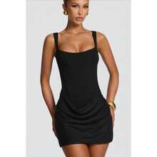 Sweet And Spicy Square Collar Waist Short Skirt Women's 2026 Autumn And Winter New European And American Style Pleated Fish Bone Waist Vest Dress,Conjuntos De Mujer Elegantes - 黑色 - 查看 1