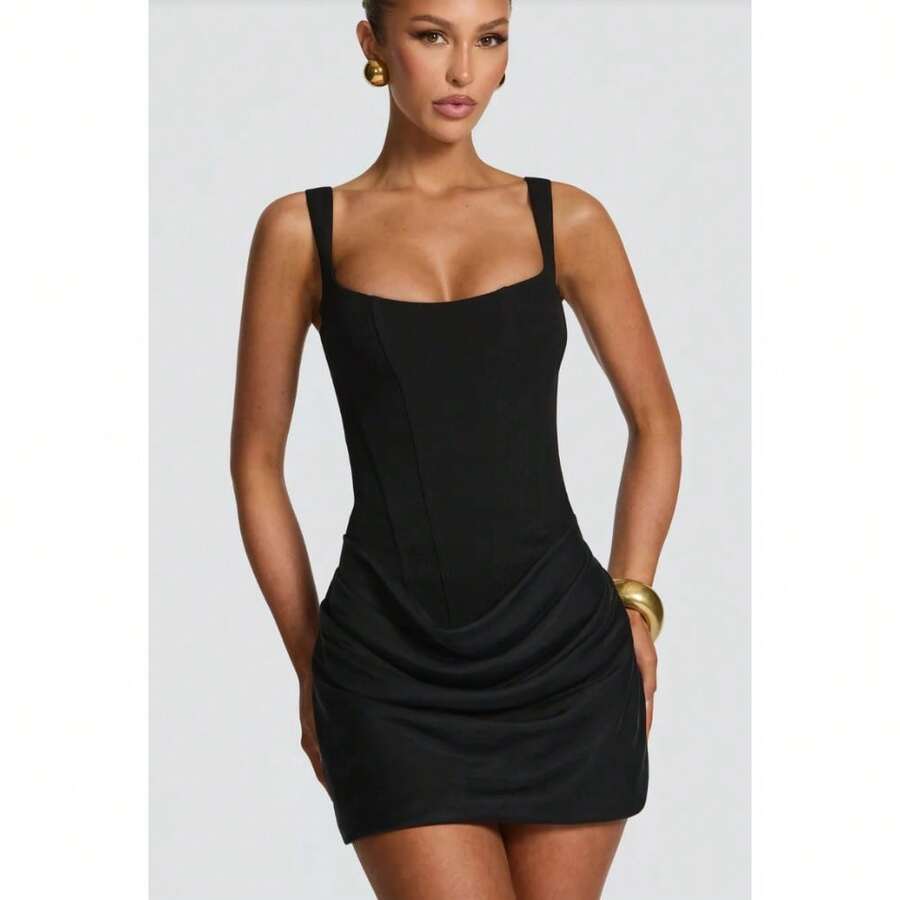 Sweet And Spicy Square Collar Waist Short Skirt Women's 2026 Autumn And Winter New European And American Style Pleated Fish Bone Waist Vest Dress,Conjuntos De Mujer Elegantes - 黑色 - 查看 1