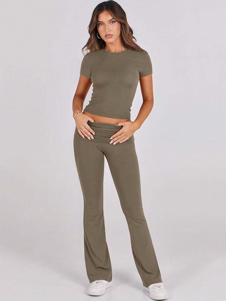 Lounge Sets For Women 2 Piece Foldover Yoga Flare Leggings Pants Crop Tops Casual Y2K Outfits Matching Tracksuit Set - 咖啡灰 - 查看 1