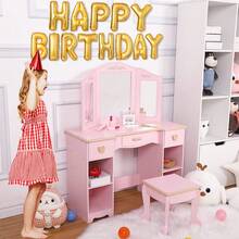 Vanidad para niños con Espejo de Tres Pliegues, Mesa de Cambiador y Taburete para niñas pequeñas, Maquillaje para niños con cajón y estantes Abiertos para niñas de 3 a 9 años, Rosa - Rosa - Ver 4