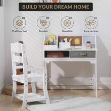 Conjunto de Escritorio y Silla Infantil de Madera, con Cajones de Tela y Portaplumas, Mesa de Estudio y Escritura para Niños y Niñas - Blanco - Ver 6