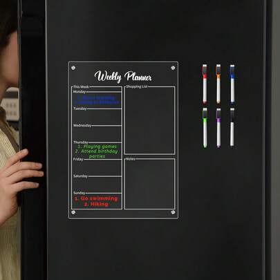 1pc Weekly Meal Magnetic Whiteboard Fridge Decor, Reusable Transparent Memo Writing Board, Weekly Meal Planner (Comes With 6 Magnetic Whiteboard Markers)