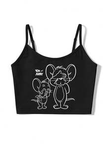 SHEIN X Tom & Jerry 女士休闲日常通勤可爱卡通字母印花露脐吊带背心，夏季 - 黑色 - 查看 2