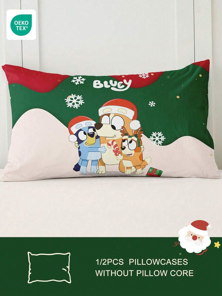半件装蓝色卡通圣诞透气枕套，柔软亲肤，蓝色绿色圣诞卡通图案，圣诞床上用品，柔软枕套，信封式开口，圣诞图案枕套，呵护头发和肌肤，带来更舒适的睡眠，不含枕芯，适合卧室使用，超柔软透气床上用品，枕套，圣诞枕头，圣诞枕套 - 彩色 - 查看 1