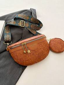 2pcs Set Embossed Waist Bag & Chest Bag, Fashion Chinese Style Handbags, Large Capacity - Brown - View 8