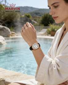 Marvin Women's Premium Swiss Analog Quartz Watch 3-Hand Day Date Quartz Watch With Sapphire Crystal,Mother-Of-Pearl Dial,Leather Strap - Black - View 2