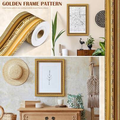1 Roll 10m (33ft) Vintage Gold Foil Self-Adhesive Border Tape, Bulletin Board Edge Decorative Sticker, Suitable For Frames, Bulletin Boards, Chalkboards, Party & Event Decor