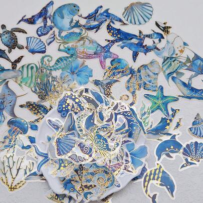 50 piezas Pegatinas de animales marinos con brillo dorado, pegatinas transparentes de PET de medusas, adecuadas para planificadores, diarios, papelería, manualidades DIY, botellas de agua, cuadernos, laptops, decoración y detalles para fiestas de adultos