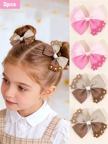 2个卡其棕色和粉色女孩发夹，缎面蝴蝶结，鳄鱼夹，饰有花朵和珍珠，优雅发夹，女孩蝴蝶结发夹，节日礼物，少女发饰 - 彩色 - 查看 3