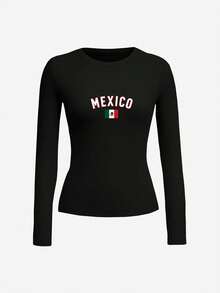 Mexico Flag Bold Lettering Women's Fashion Long Sleeve Shirt - Black - View 2