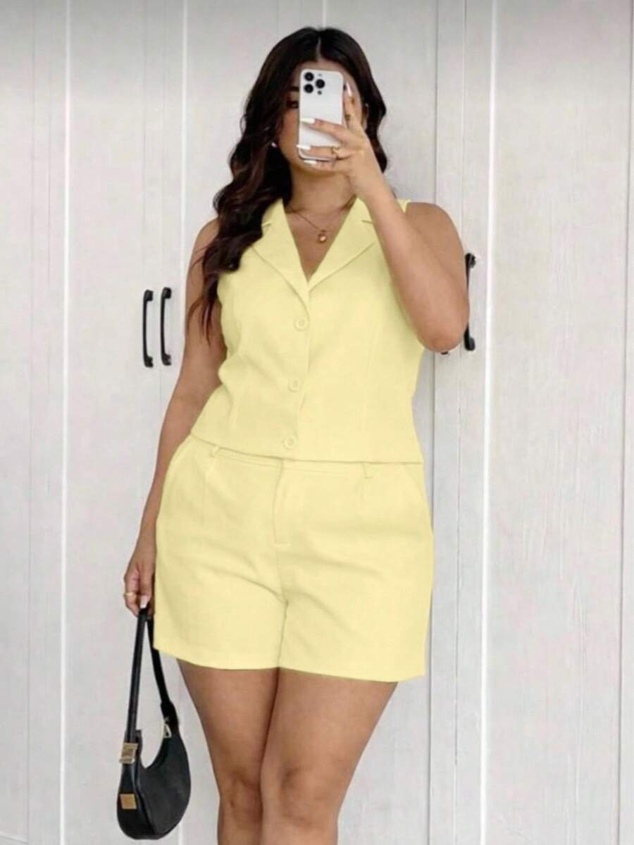 MICHLEE Women's Plus Size Set With Sleeveless Vest And Tailored Shorts - Amarillo - Ver 1
