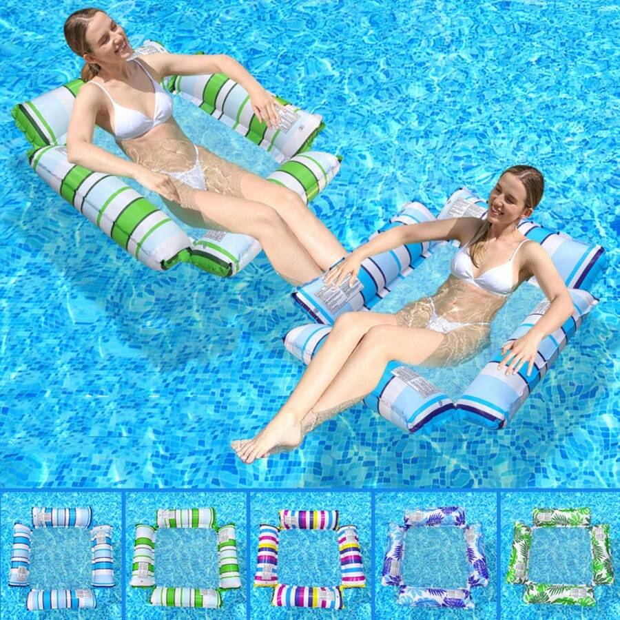 四管充气漂浮泳池网，可折叠条纹漂浮垫，水上夹网充气躺椅 - 彩色 - 查看 1