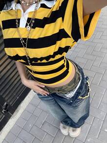 2026新款 HoloChill 女士休闲撞色条纹 Polo 领短袖针织套头衫，夏季百搭修身 T 恤，女士春季服装，女士假日派对上衣，女士沙滩装，女士优雅夏季度假服 - 黃色 - 查看 2