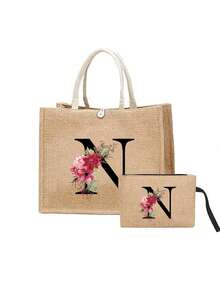1/2 chiếc túi tote vải lanh in hoa và chữ cái A-Z, túi xách in họa tiết thời trang, túi tote và túi đựng mỹ phẩm sành điệu dành cho nữ, túi đeo vai có khóa kéo dung tích lớn, túi xách đa năng có khóa cài, túi mua sắm in họa tiết có khóa bấm, thích hợp cho đám cưới, sinh nhật, du lịch biển, kỳ nghỉ và các dịp khác. Món quà hoàn hảo cho phụ nữ, mẹ, giáo viên, bạn bè, phù dâu, sinh viên và mùa tựu trường. - Nhiều màu - Xem 25