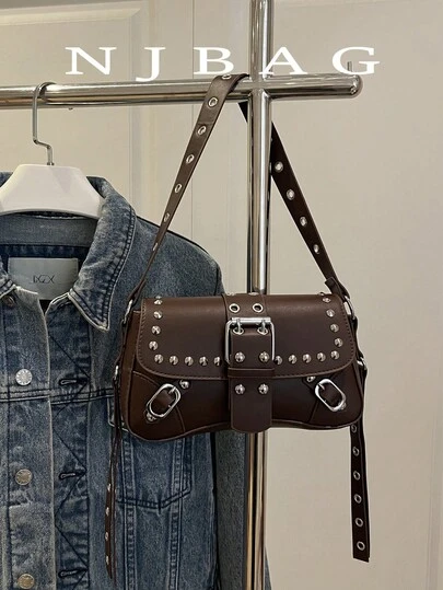 Y2K Retro Rivet Women's Shoulder Bag, Crescent Crossbody Bag, Casual Daily Shoulder Bag Suitable For Shopping, Wallet, Young Women, College Students, Beginners And Career Women. Suitable For Office, School, Work, Business, Commuting, Outdoor, Travel And Hiking, Vintage Bag